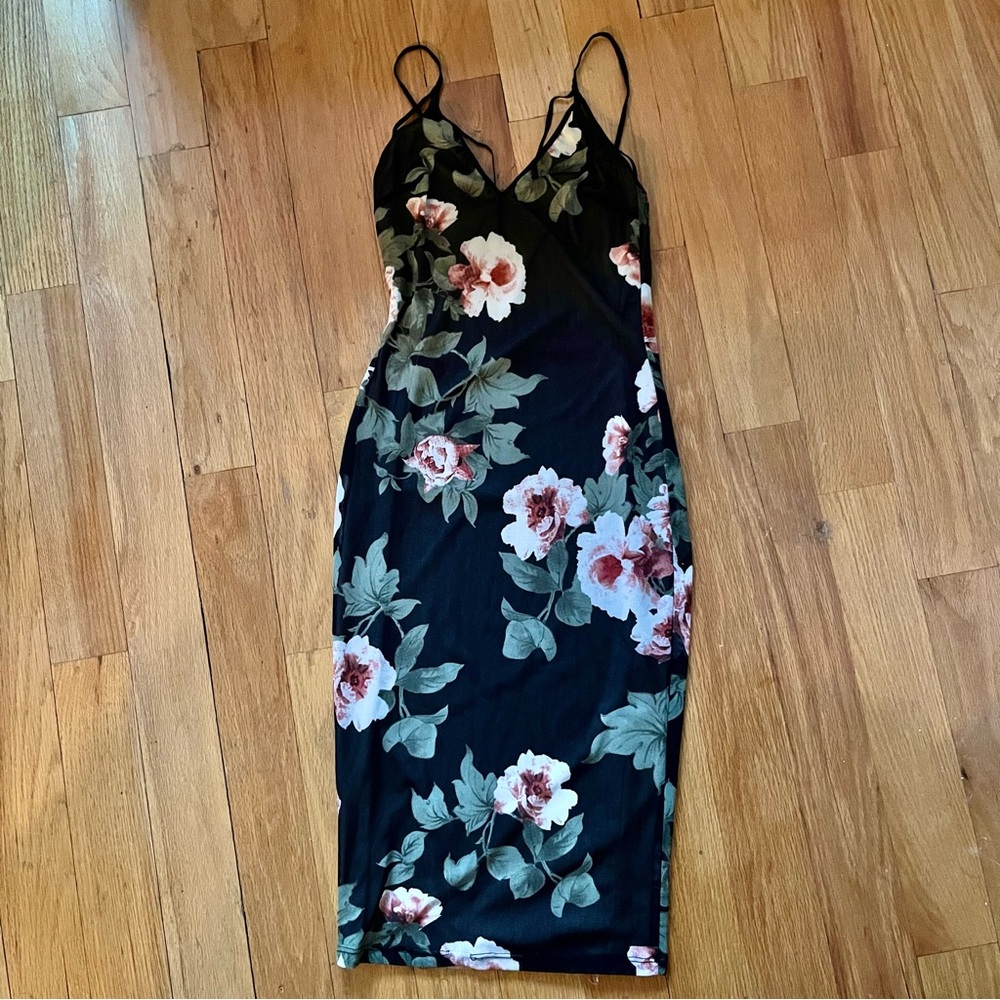 Black Floral Bodycon Midi Dress